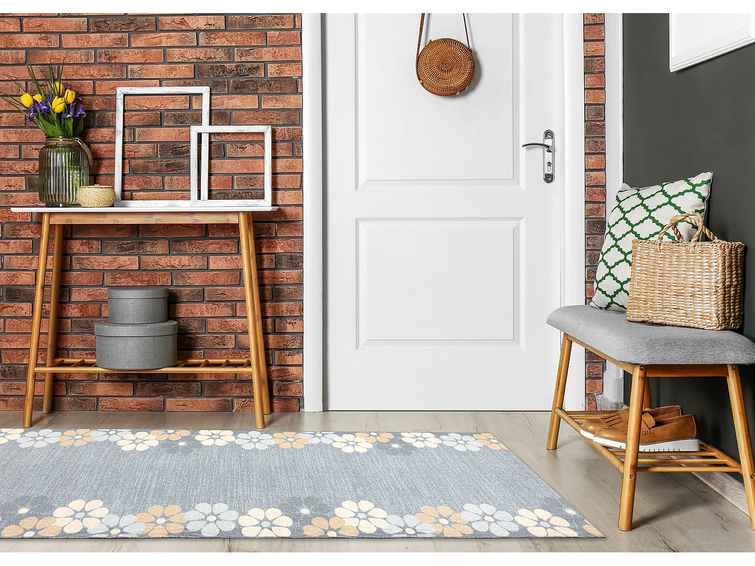 TAPIS DE COULOIR antidérapant MARGARETKA, fleur la gomme gris 67x1050 cm