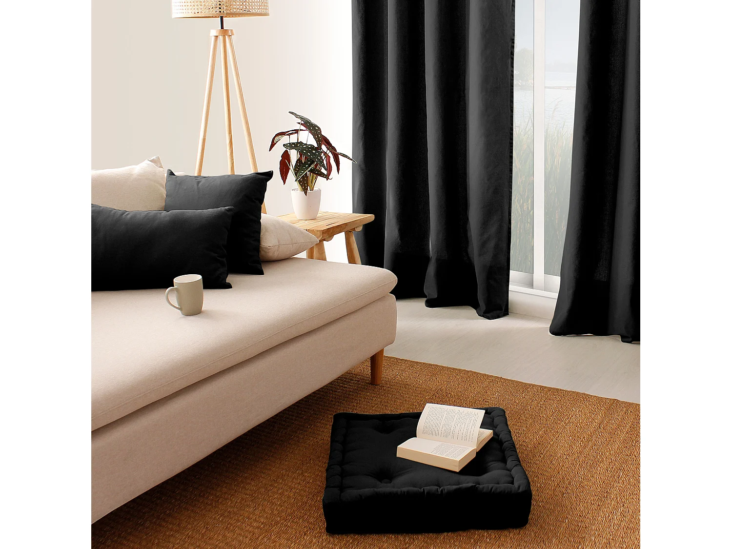 Coussin Déco Uni Déhoussable "Panama" 60x60cm Noir