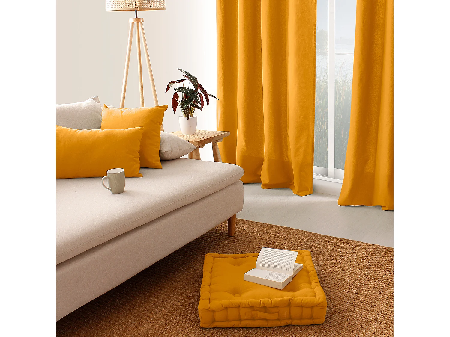 Coussin Déco Uni Déhoussable "Panama" 40x40cm Moutarde