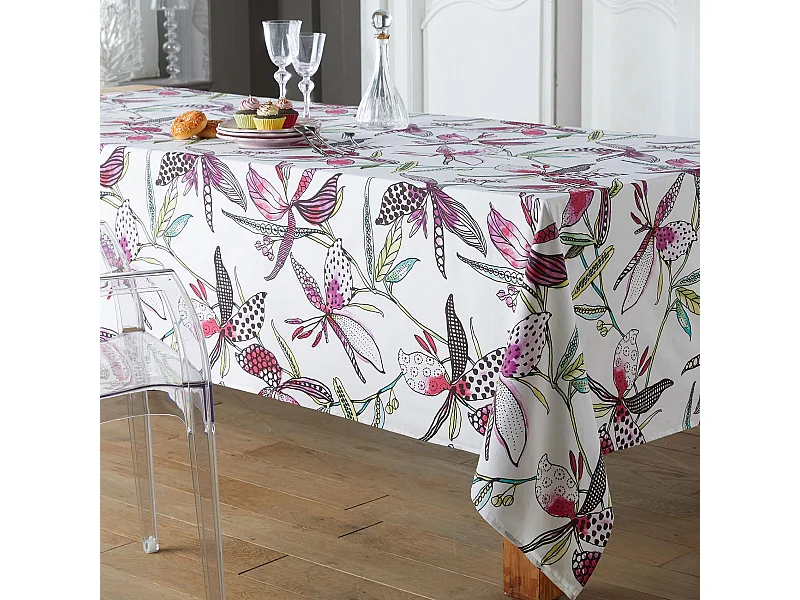 Runde Tischdecke mit exotischen Blumen