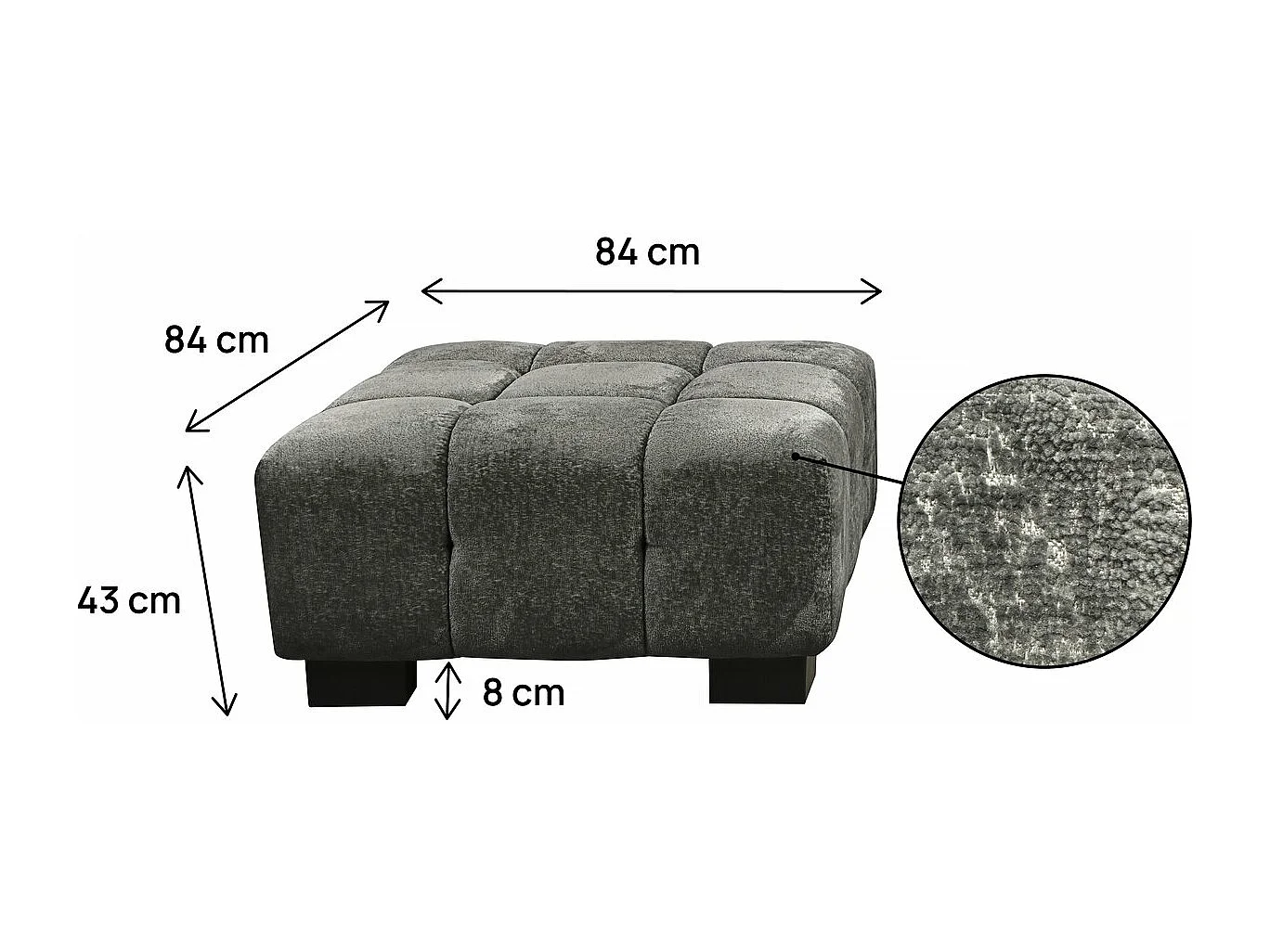 Pouf "Foch" in Velluto Grigio - 84 x 84 x 43 cm