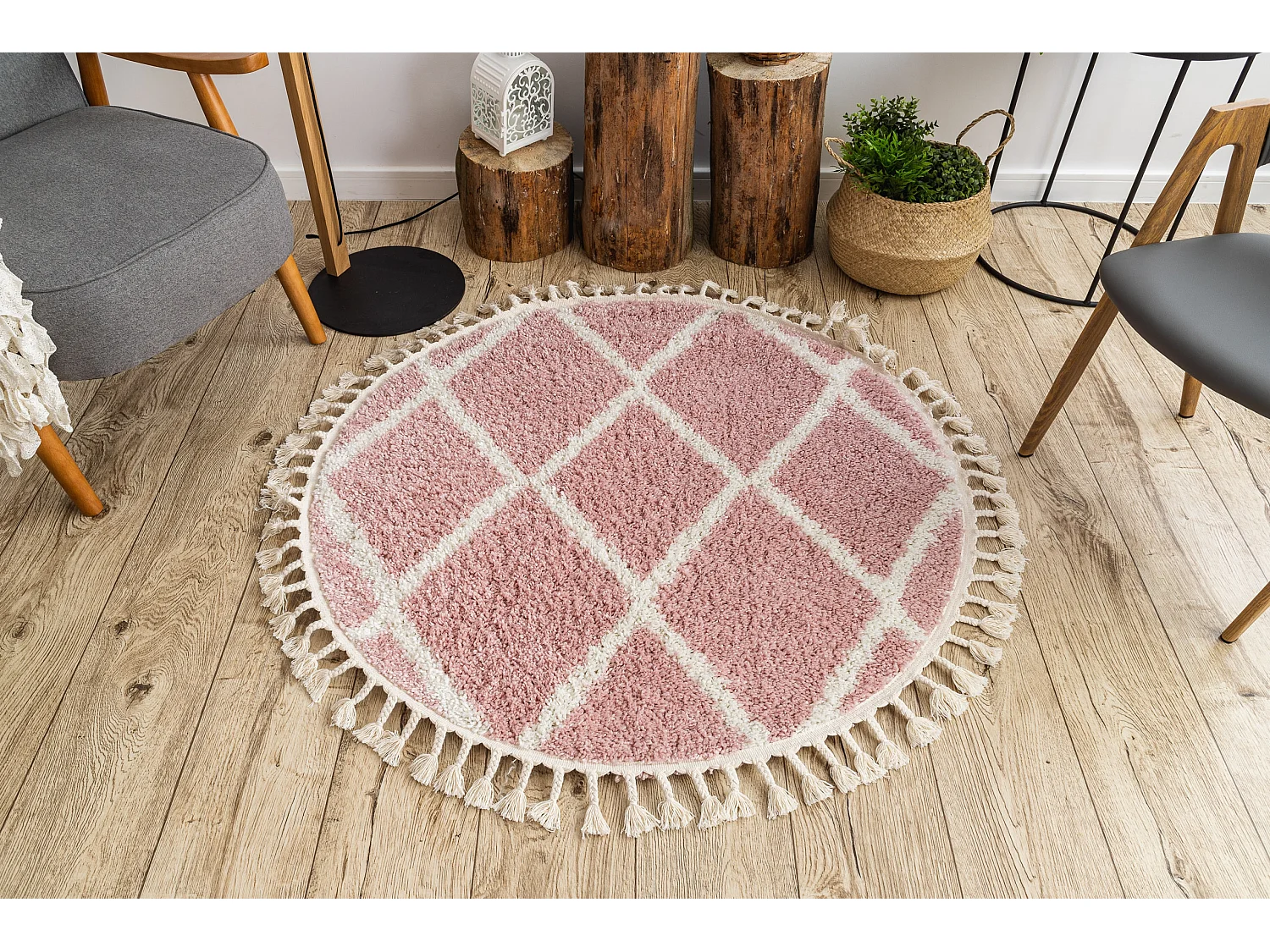 Tapis BERBER TROIK A0010 cercle et blanc Franges berbère marocain sha cercle 120 cm