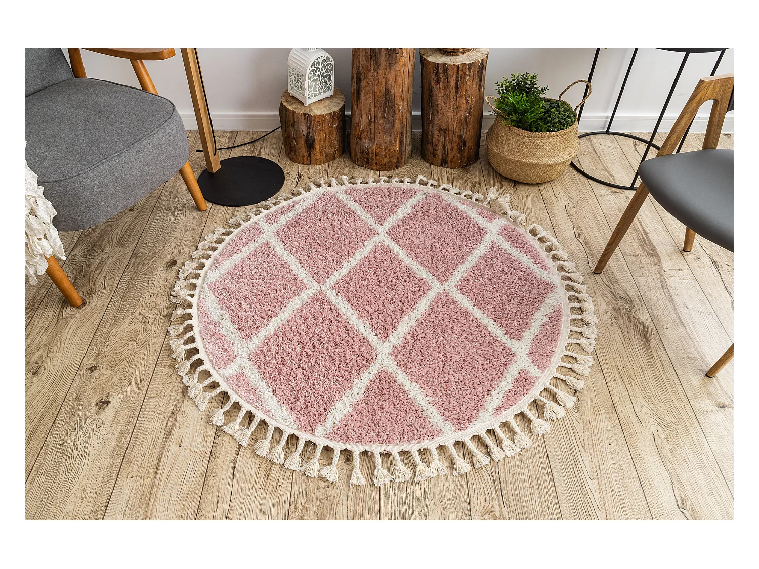 Tapis BERBER TROIK A0010 cercle et blanc Franges berbère marocain sha cercle 120 cm