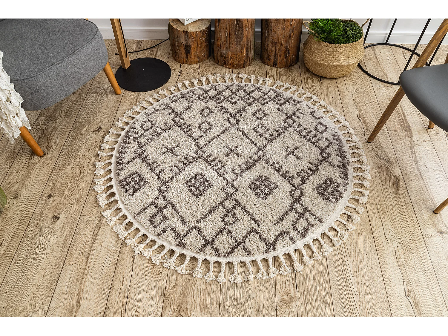Tapis BERBER TANGER B5940 cercle crème et marron Franges berbère mar cercle 160 cm