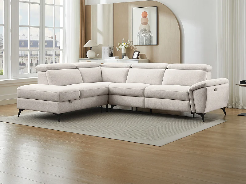 Canapé d'angle gauche relax électrique en tissu chiné beige CADILO