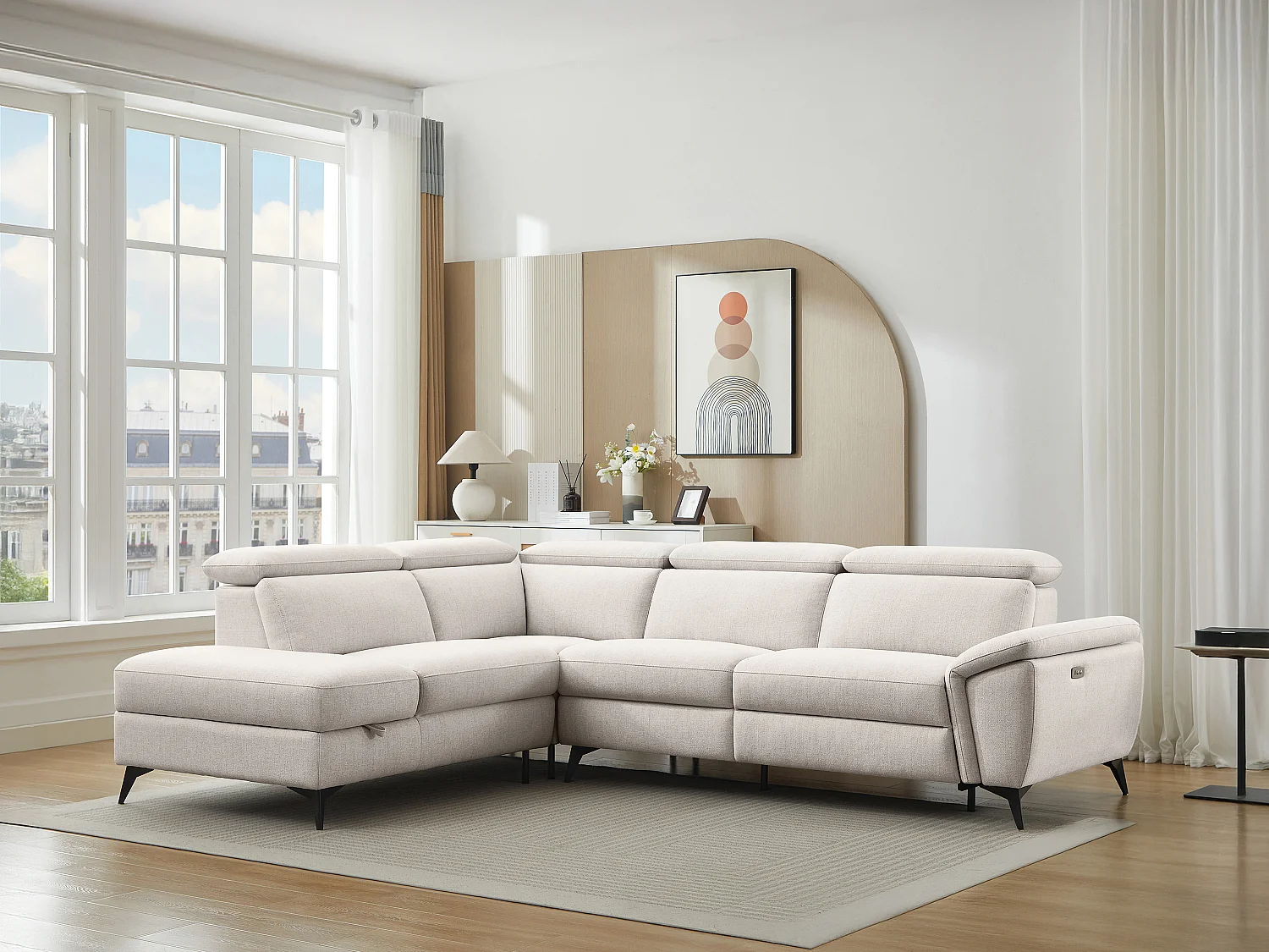 Canapé d'angle gauche relax électrique en tissu chiné beige CADILO