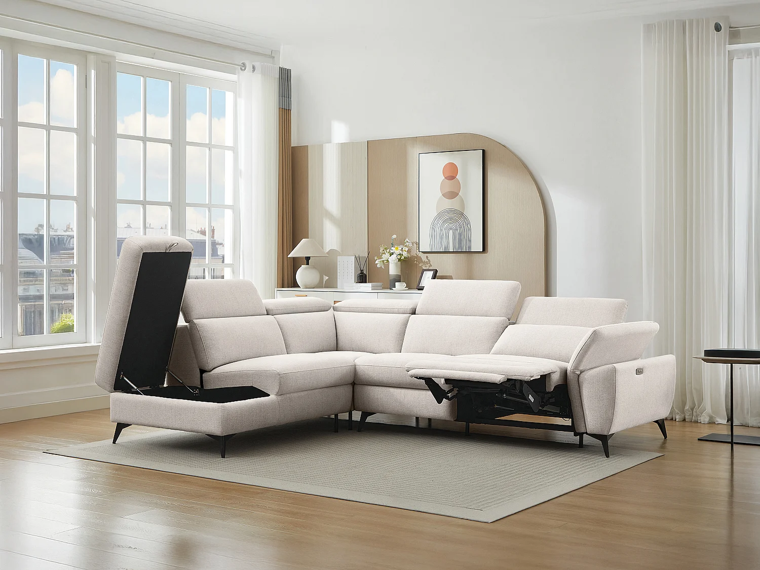 Sofá esquinero izquierdo relax eléctrico en tejido jaspeado beige CADILO