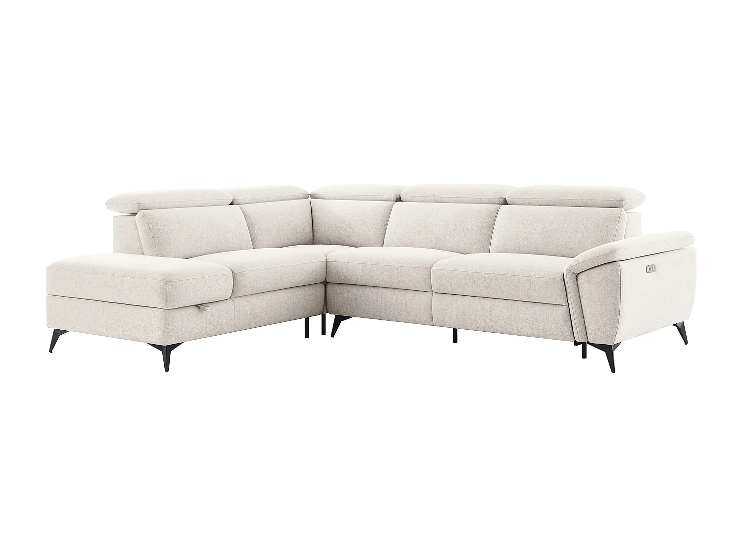 Narożna kanapa elektryczna relaksacyjna lewostronnia z beżowej melanżowej tkaniny CADILO