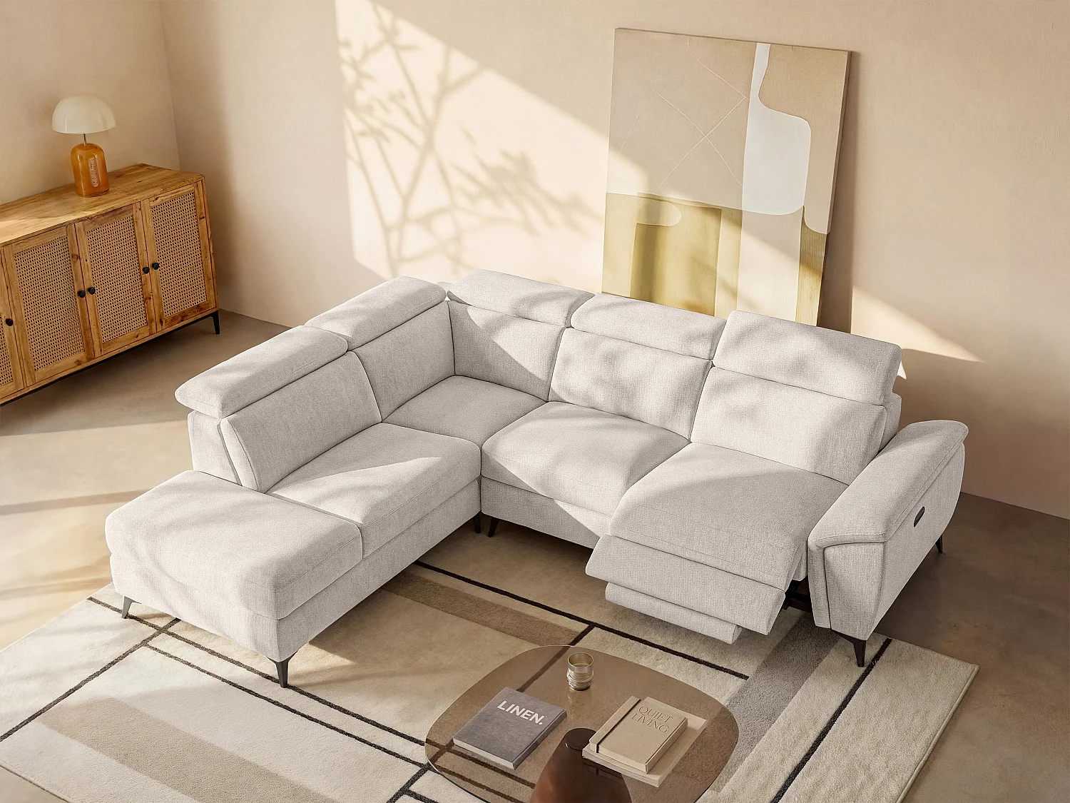 Vänstervändvänd elektrisk hörnsoffa med melerad beige tygklädsel CADILO