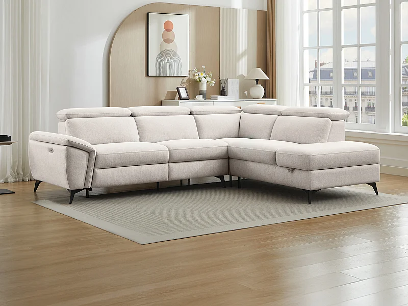 Ecksofa mit elektrischer Relaxfunktion - Ecke rechts - melierter beiger Stoff - CADILO