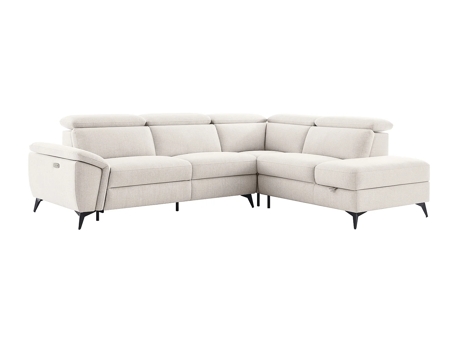 Sofa med højreoligi højre hjørne og elektrisk afslapningsfunktion i meleret beige stof, CADILO