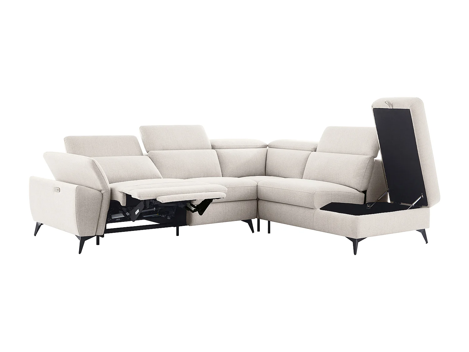 Sofa med højreoligi højre hjørne og elektrisk afslapningsfunktion i meleret beige stof, CADILO