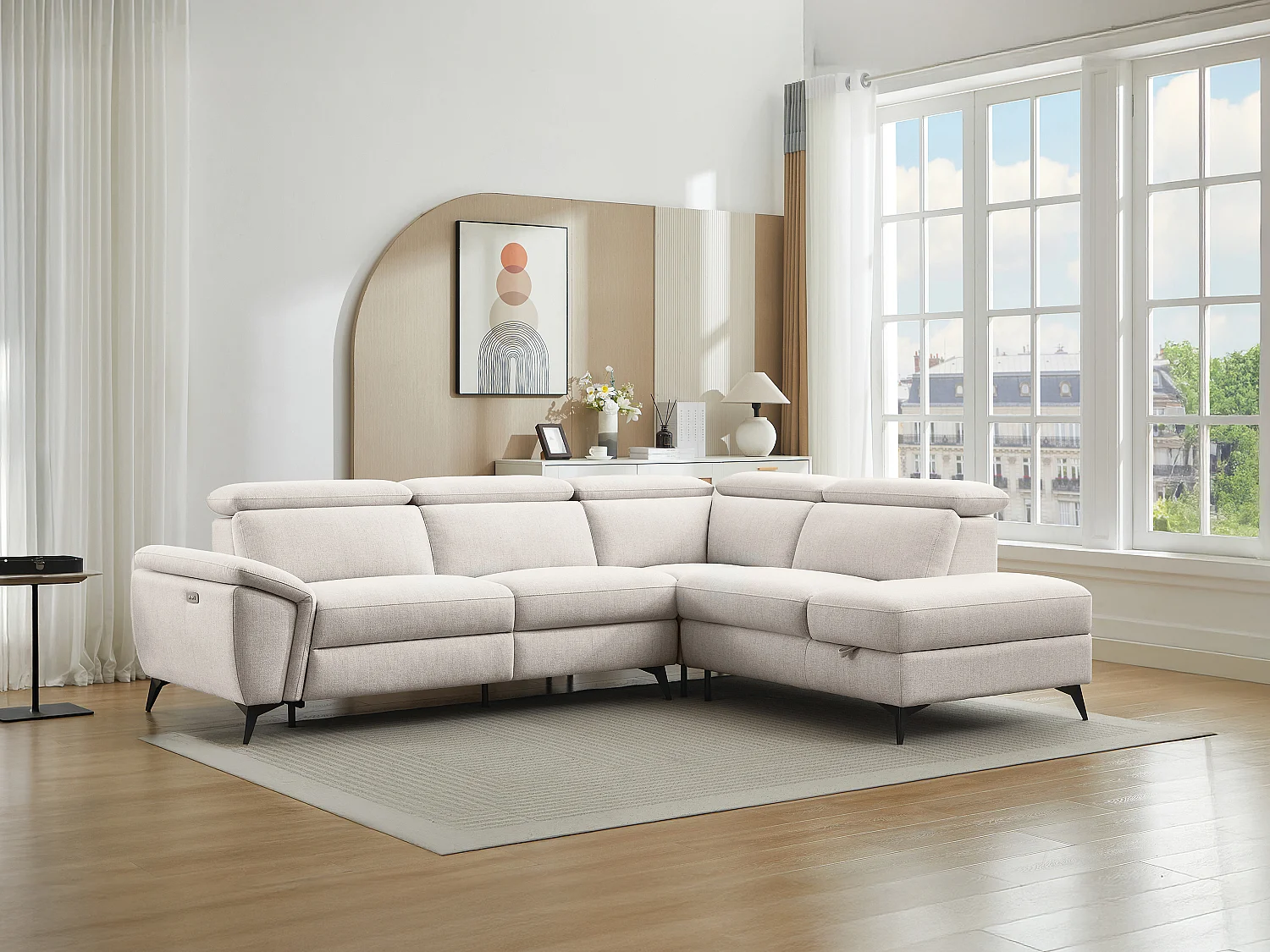 Canapé d'angle droit relax électrique en tissu chiné beige CADILO