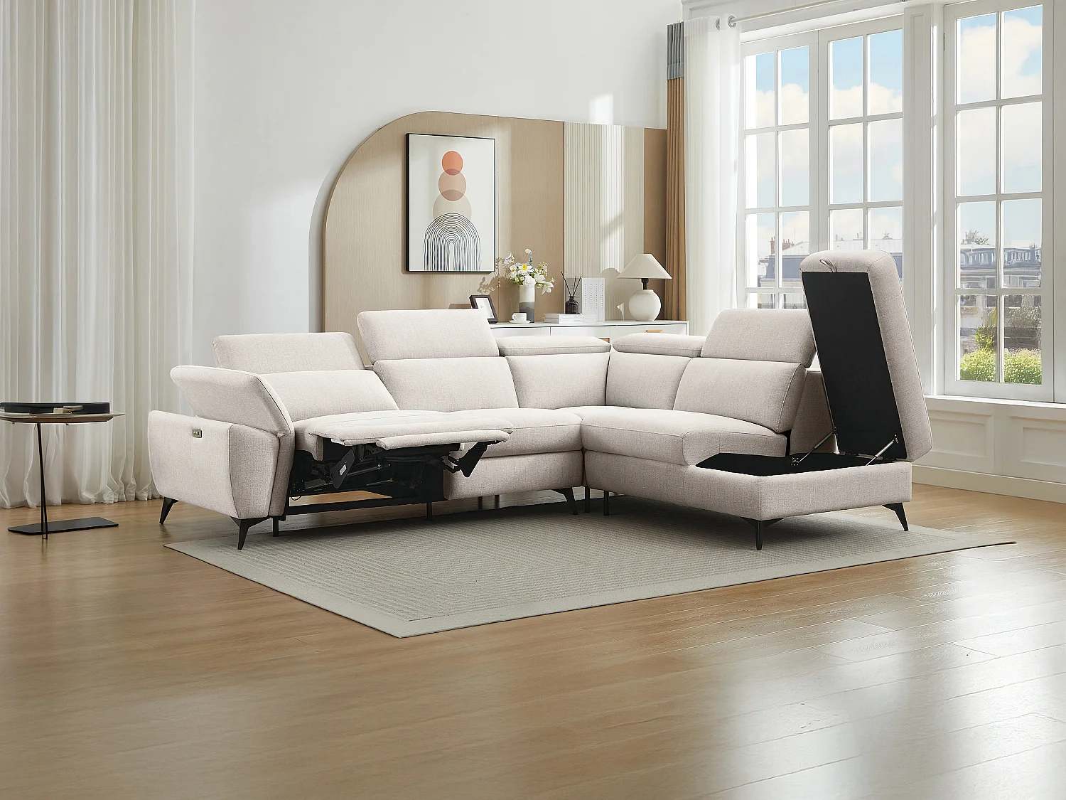 Sofa med højreoligi højre hjørne og elektrisk afslapningsfunktion i meleret beige stof, CADILO