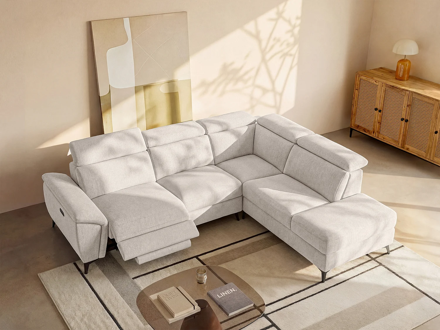 Canapé d'angle droit relax électrique en tissu chiné beige CADILO