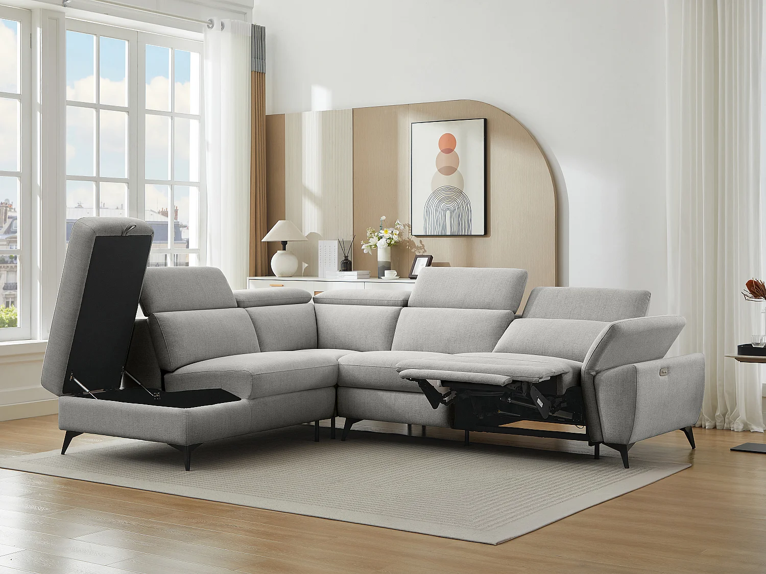 Canapé d'angle gauche relax électrique en tissu chiné gris clair CADILO