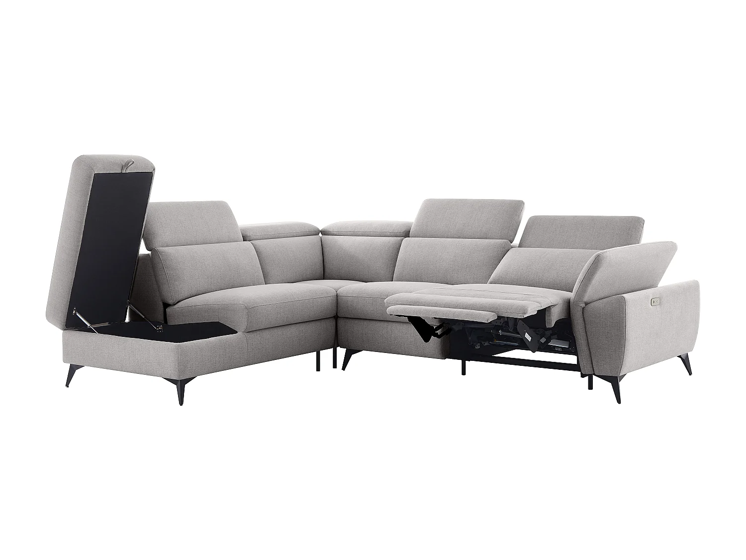 Canapé d'angle gauche relax électrique en tissu chiné gris clair CADILO