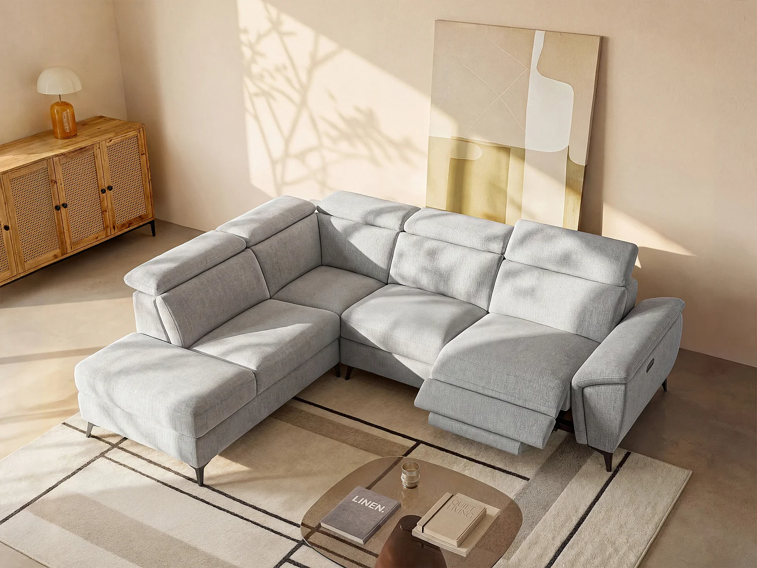 Vänstervändvänt soffa med elektriskt reclinerfunktion i ljusgrått melerade tyg CADILO