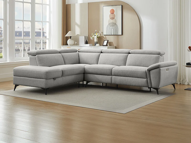 Canapé d'angle gauche relax électrique en tissu chiné gris clair CADILO