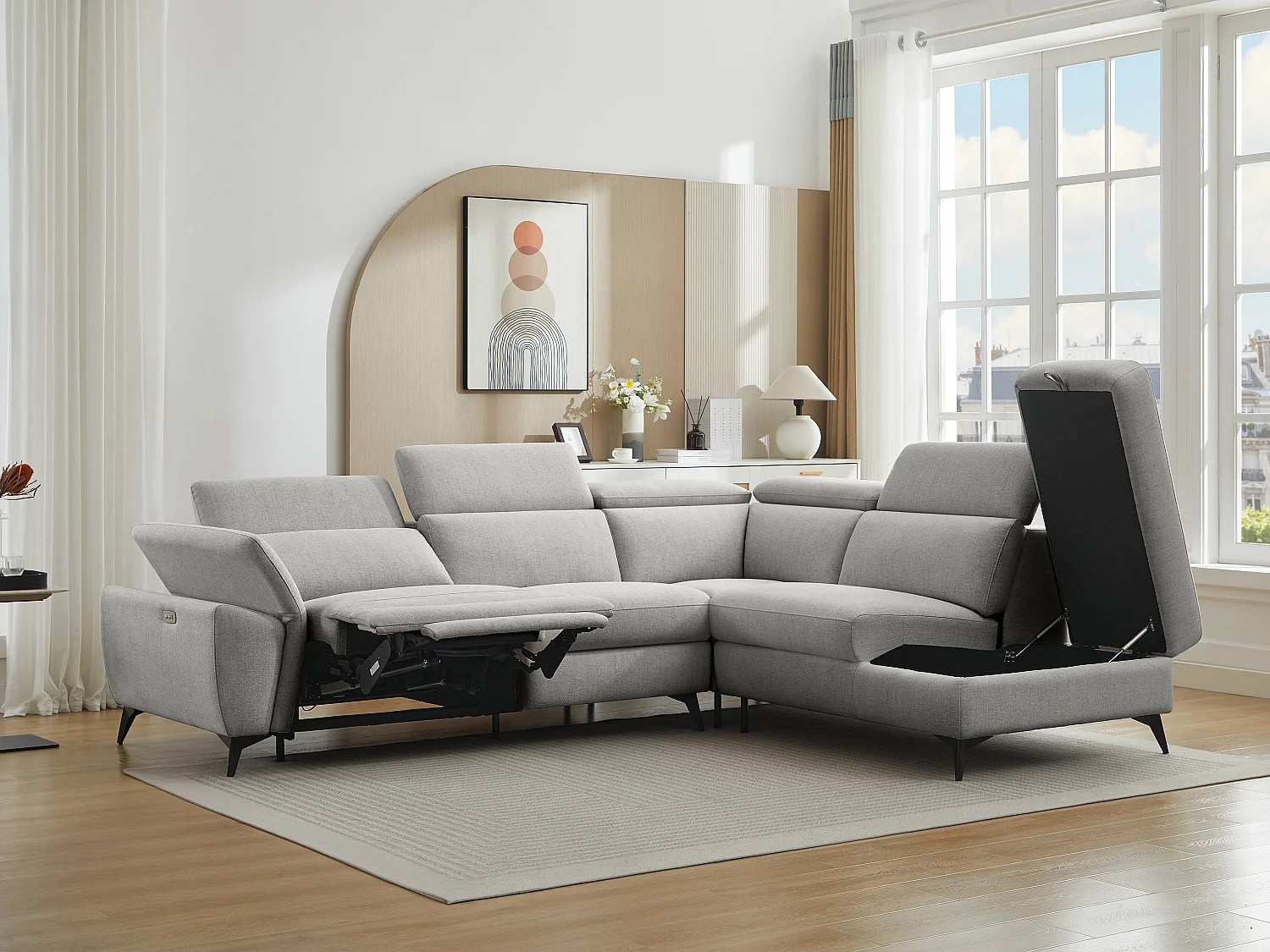 Canapé d'angle droit relax électrique en tissu chiné gris clair CADILO