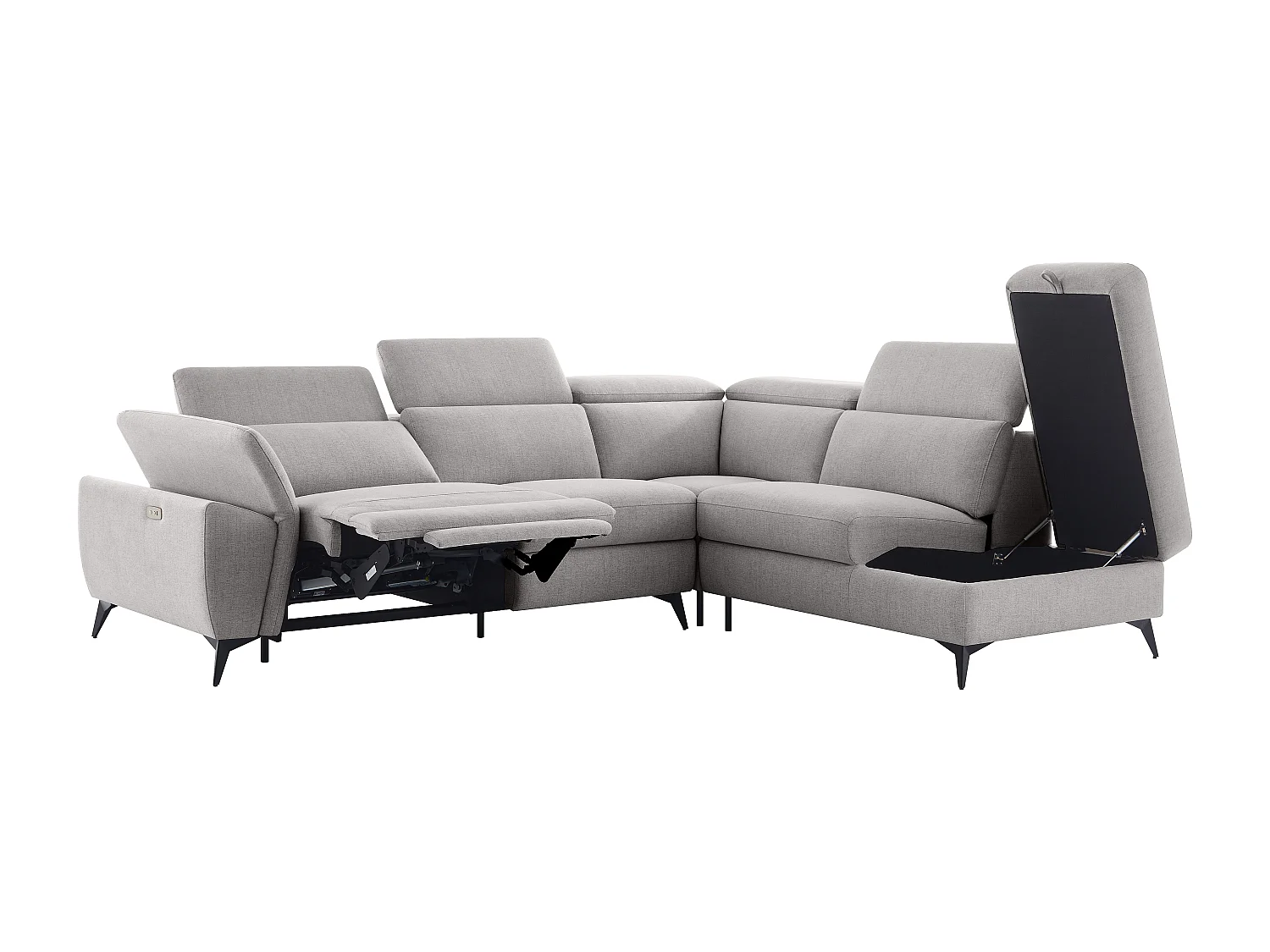 Canapé d'angle droit relax électrique en tissu chiné gris clair CADILO