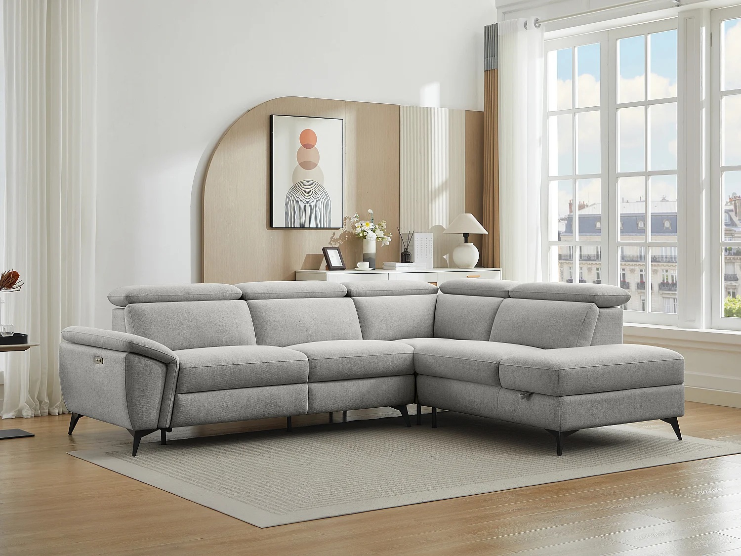 Canapé d'angle droit relax électrique en tissu chiné gris clair CADILO