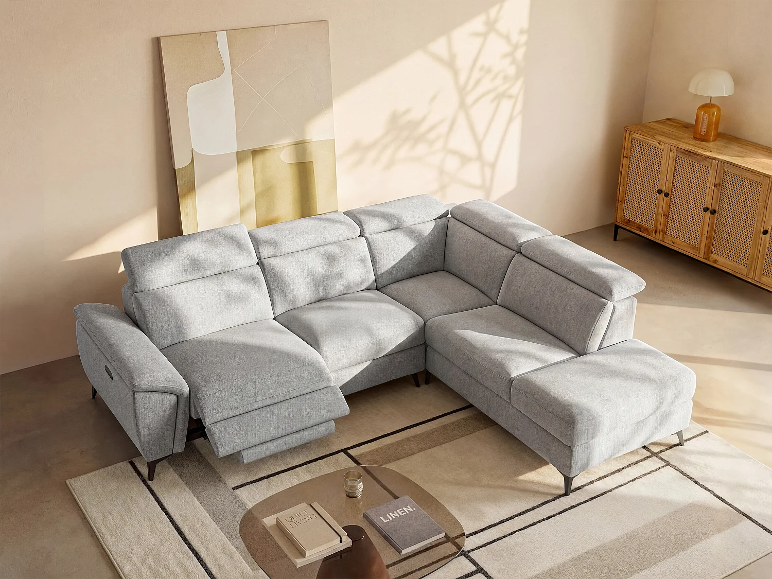 Divano angolare destro relax elettrico in tessuto mélange grigio chiaro CADILO