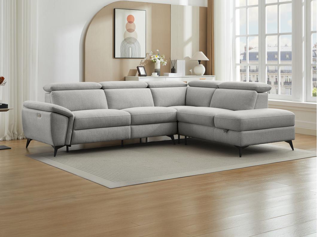 Canapé d'angle droit relax électrique en tissu chiné gris clair CADILO
