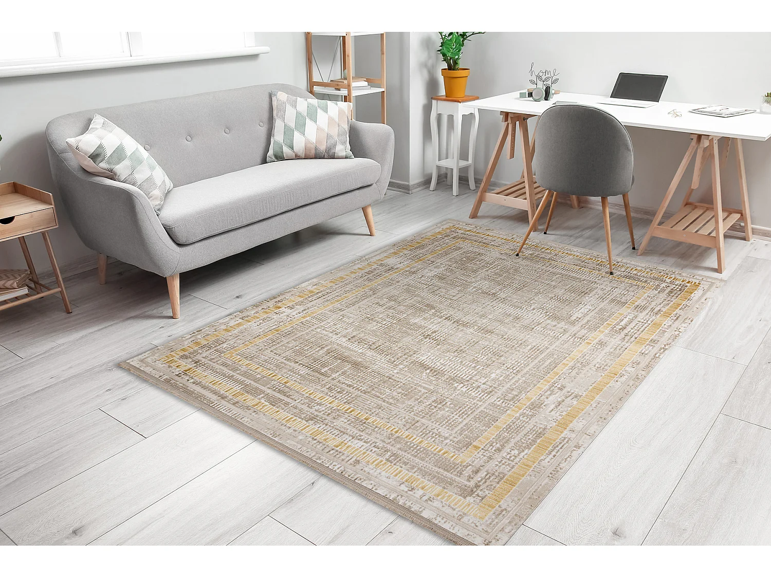 Tapis moderne DUKE 51523 beige / or - Cadre, structuré, très doux, f 160x220 cm