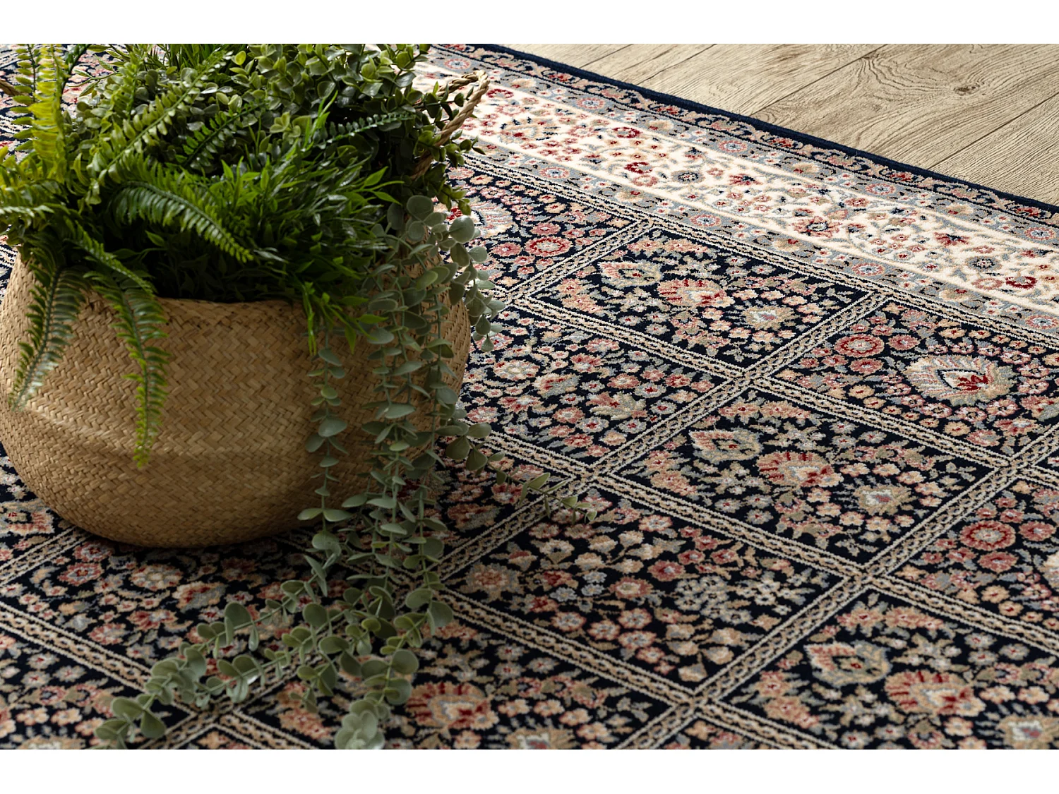 Teppich Wolle NAIN Blumen, Rahmen 1181/51011 dunkelblau / beige 160x230 cm