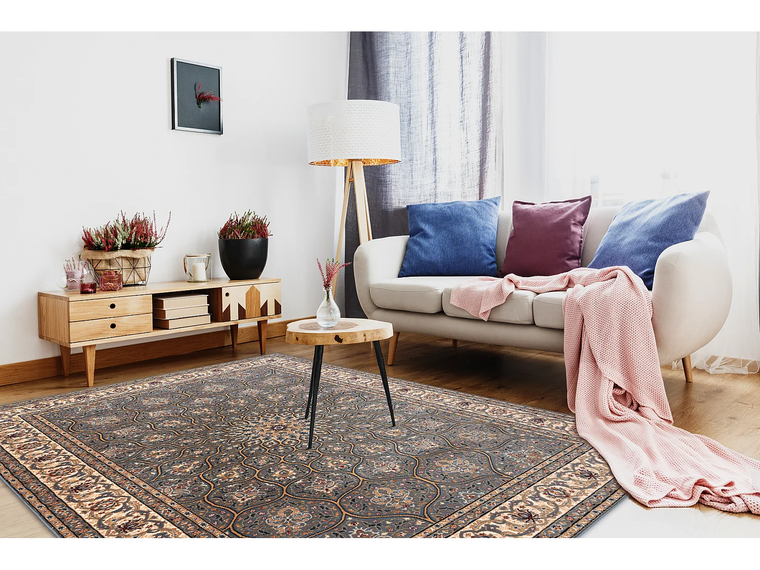 Teppich Wolle NAIN Rosette, Rahmen, 1180/51034 blau / beige 80x150 cm