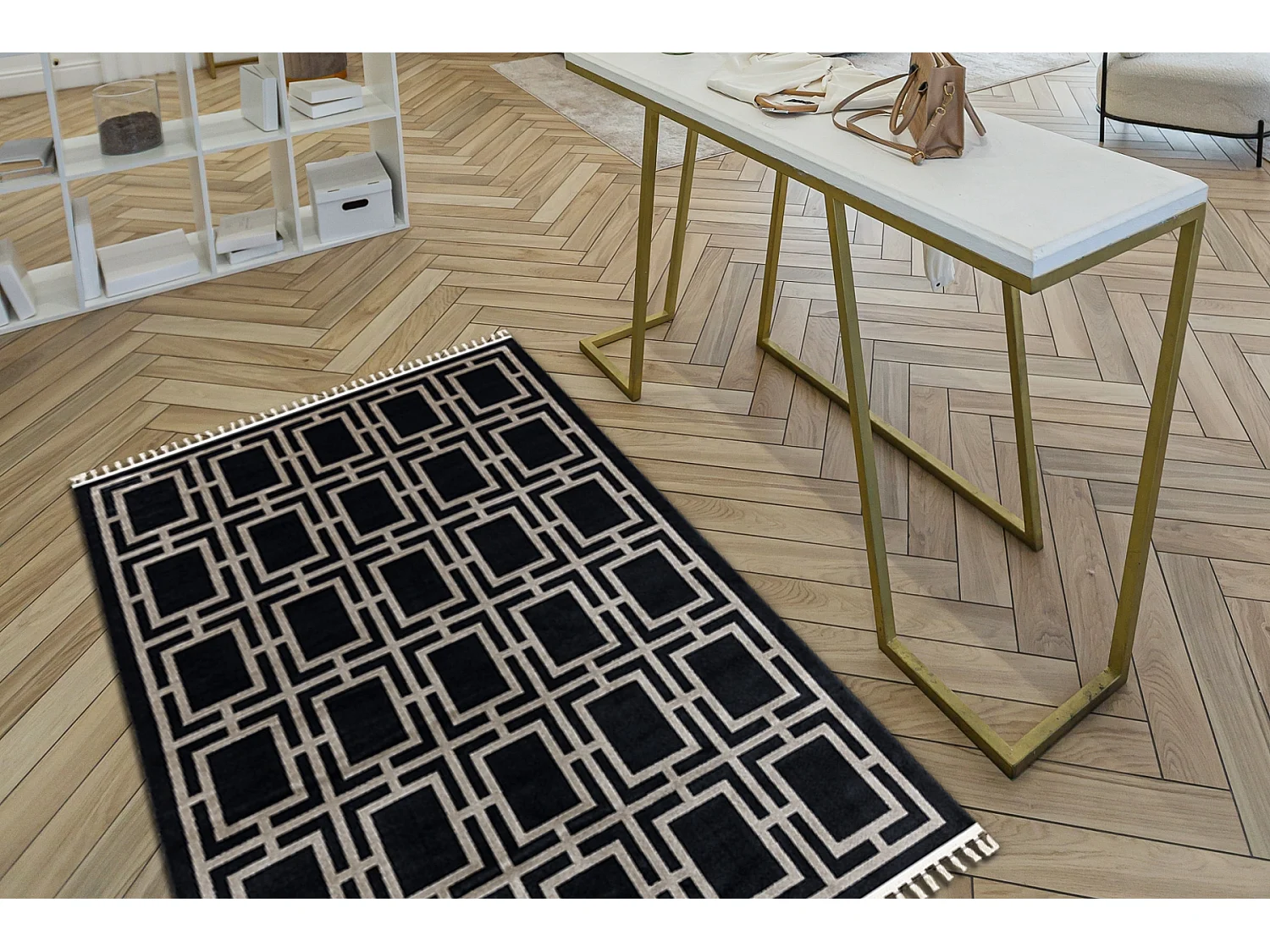 Dywan AMOUR 53078B czarny - Geometryczny, linie nowoczesny, elegancki 98x200 cm