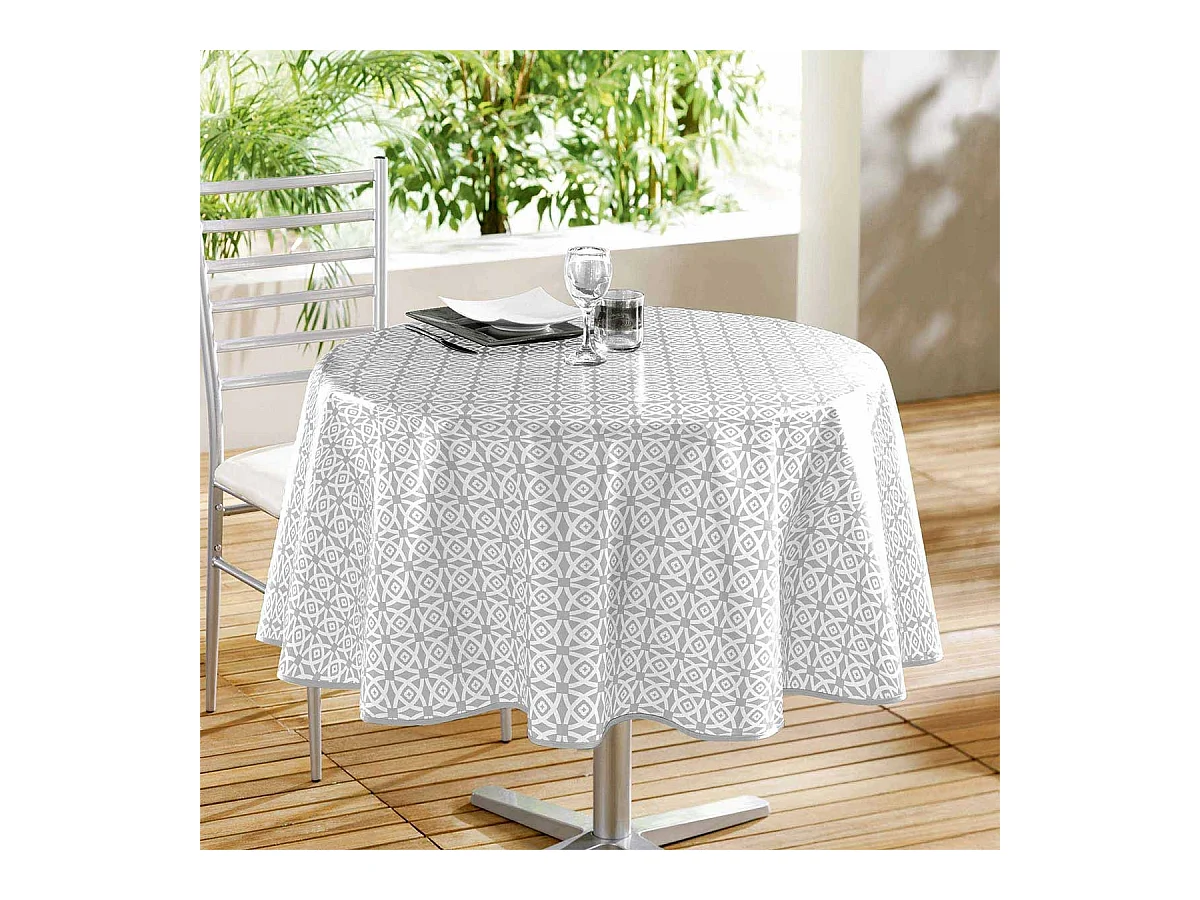 Nappe Ronde en Toile Cirée "Abaca" 160cm Gris & Blanc