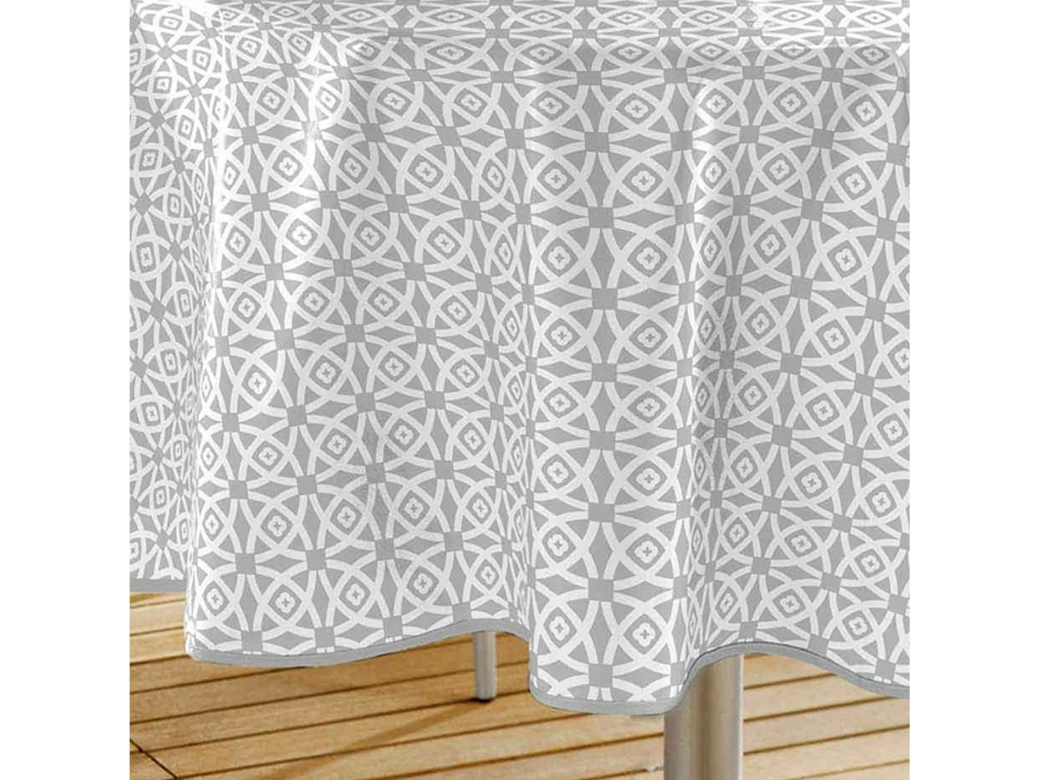 Nappe Ronde en Toile Cirée "Abaca" 160cm Gris & Blanc