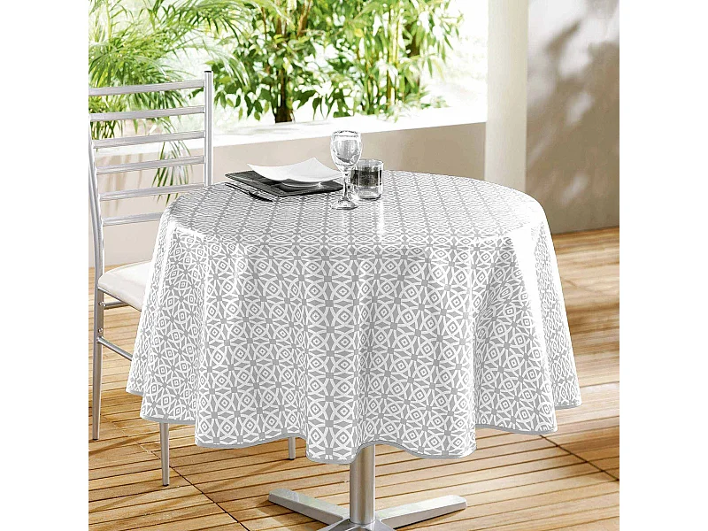 Nappe Ronde en Toile Cirée "Abaca" 160cm Gris & Blanc