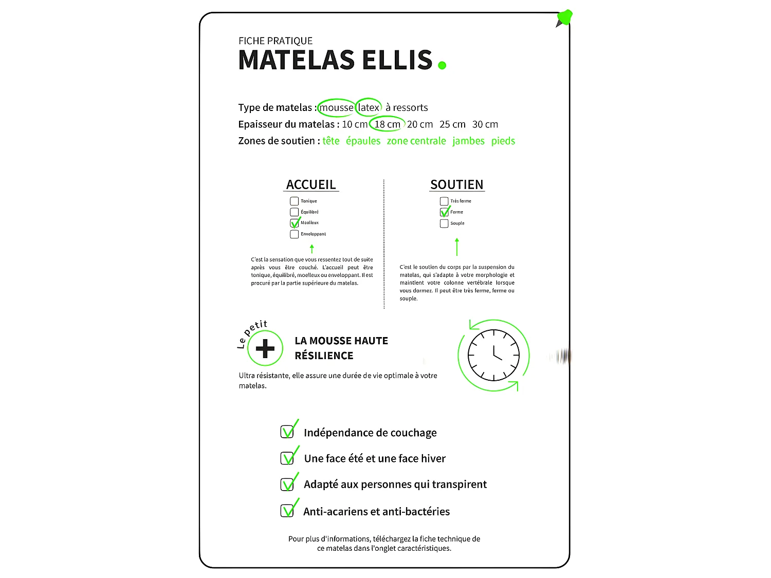 Matelas Mousse Haute Résilience + Latex 3 zones ESSENCE - made in France Dimensions - 90 x 190 cm