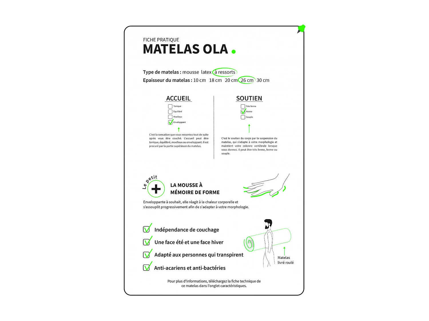 Matelas ressorts ensachés ODYSSEE, mémoire de forme - Qualité française Dimensions - 90 x 190 cm