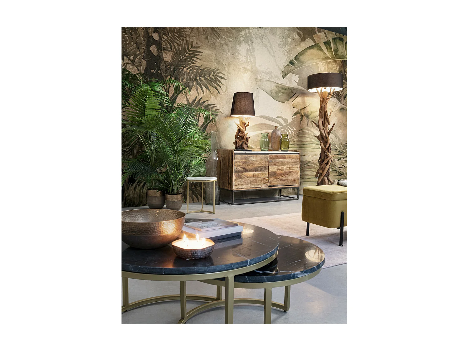 BUBBLE - Set de 2 tables rondes en marbre noir et acier