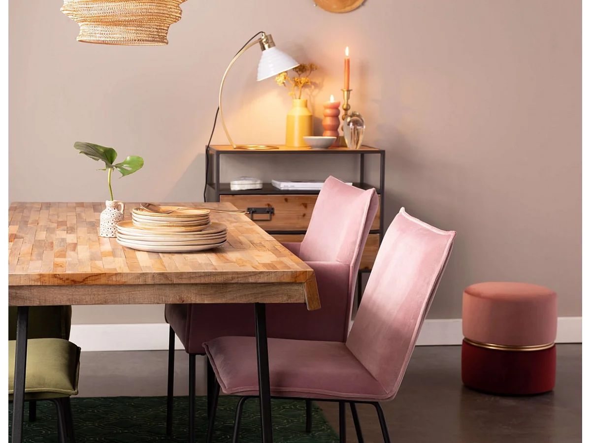 ART DECO - Pouf en velours rose avec cerclage doré