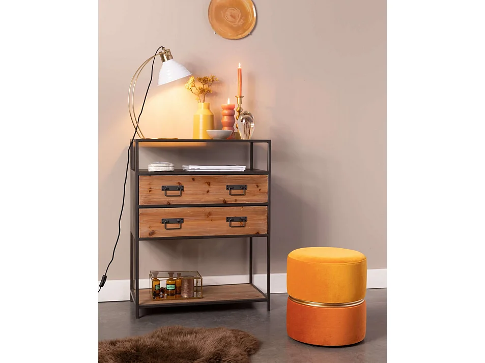 ART DECO - Tabouret pouf en velours orange avec cerclage doré