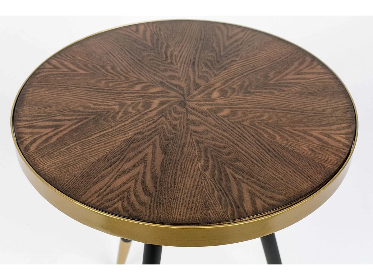DENISE S - Table basse ronde en frêne plaqué noyer et acier doré