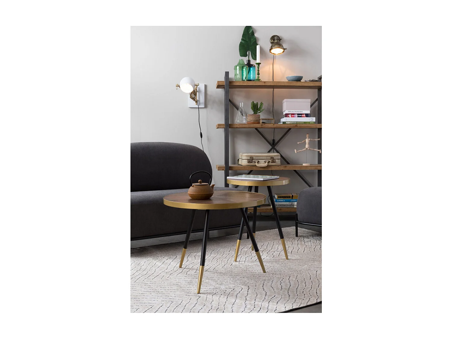 Denise - Table basse ronde en métal et bois ø44cm - Bois foncé