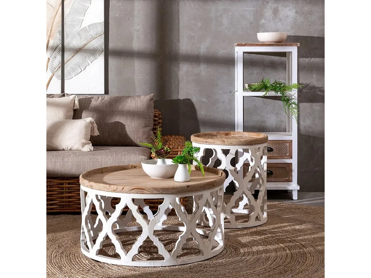 ROUNDY - Table basse en bois patiné blanc