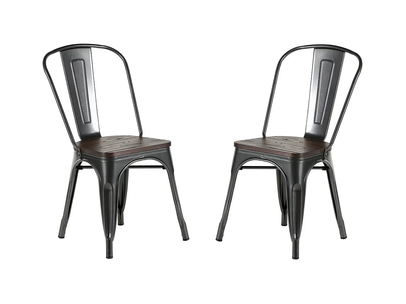 NEVADA - Lot de 2 chaises de repas en acier gris et assise en bois foncé