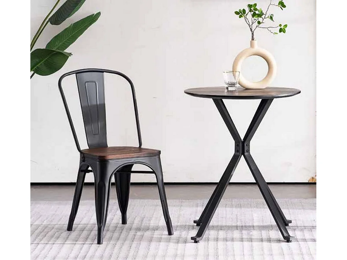 NEVADA - Lot de 2 chaises de repas en acier gris et assise en bois foncé