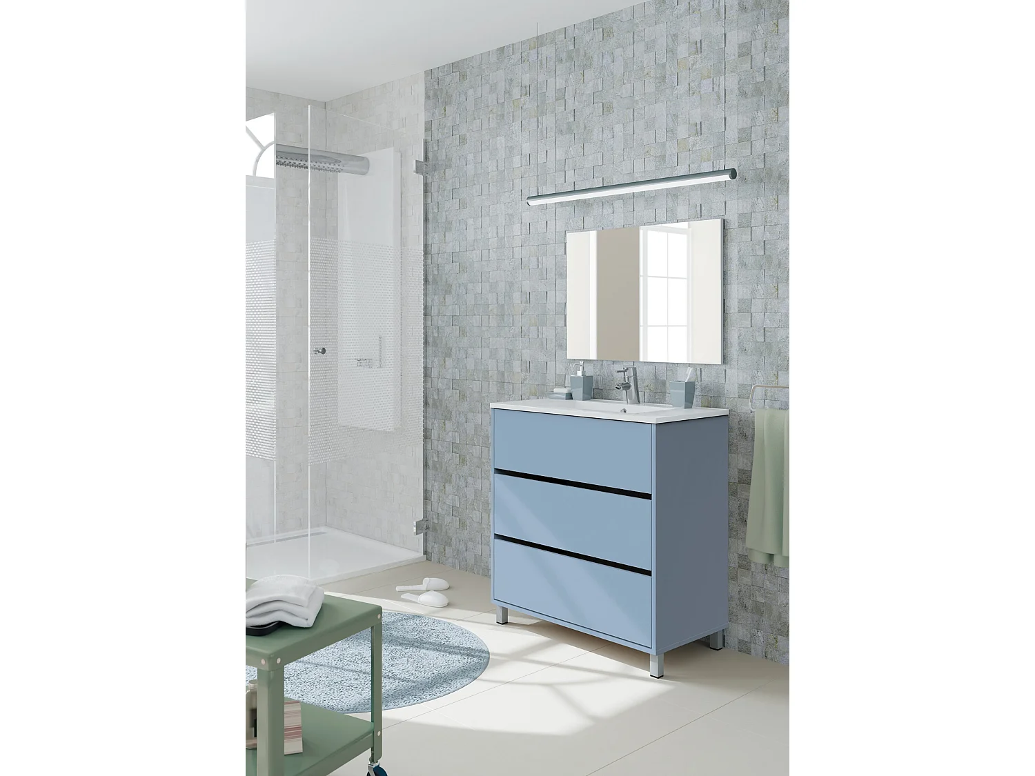 Meuble de salle de bain avec 3 portes coloris bleu azul - Hauteur 88 x Longueur 81 x Profondeur 47 cm