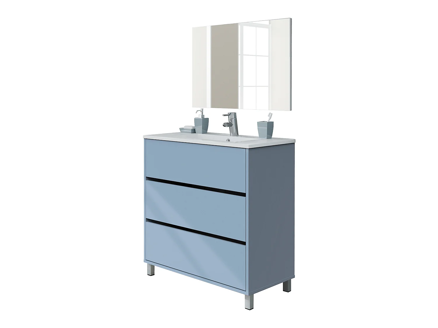 Meuble de salle de bain avec 3 portes coloris bleu azul - Hauteur 88 x Longueur 81 x Profondeur 47 cm