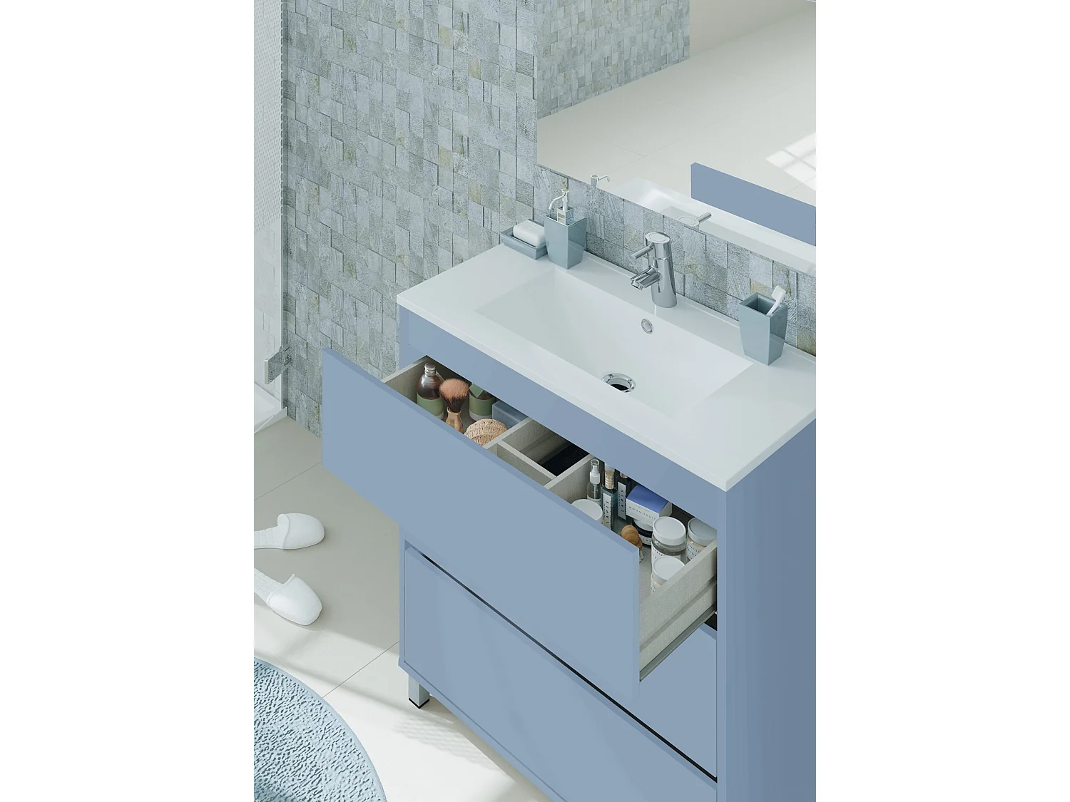 Meuble de salle de bain avec 3 portes coloris bleu azul - Hauteur 88 x Longueur 81 x Profondeur 47 cm