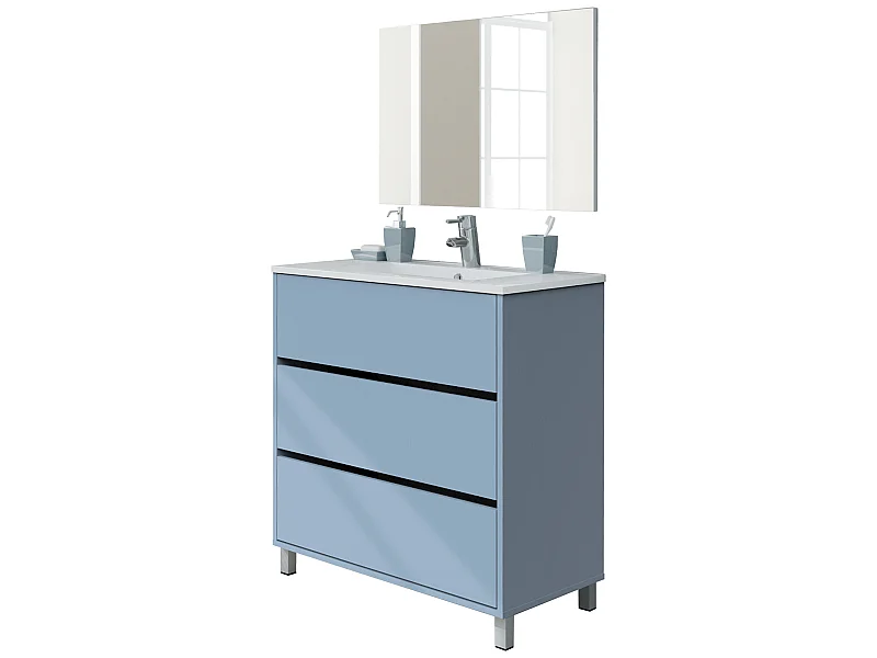 Meuble de salle de bain avec 3 portes coloris bleu azul - Hauteur 88 x Longueur 81 x Profondeur 47 cm