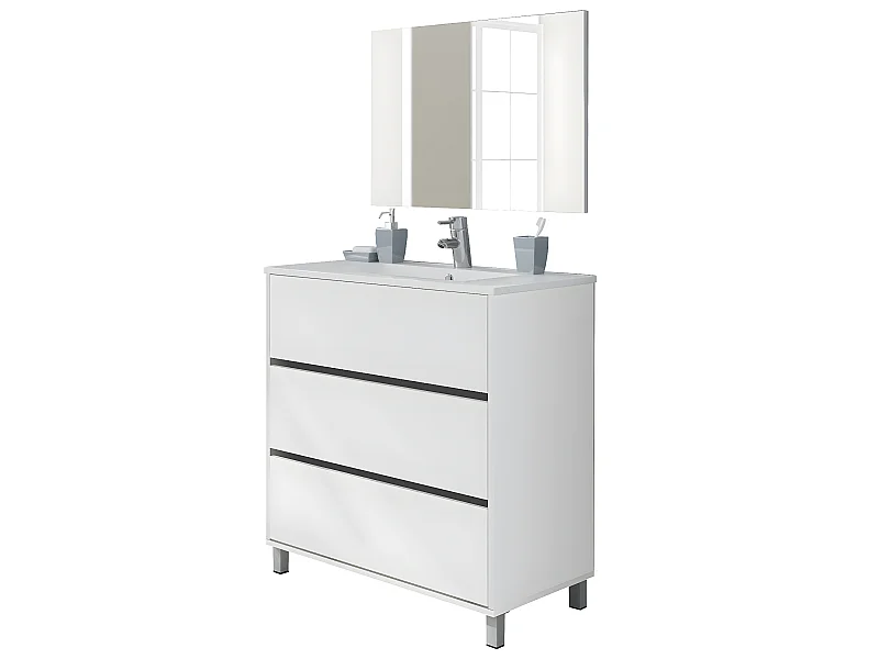 Meuble Vasque avec miroir coloris blanc brillant - Hauteur 90 x Longueur 81.5 x Profondeur 46.5 cm